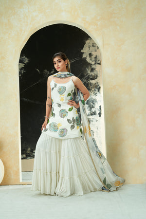 Ivory hand painted slip kurta and sharara set image 5