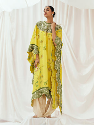 Bright Yellow Printed Embroidered Kaftan Set image 7
