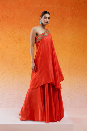Scarlet Red One Shoulder Embroidered Dress with Flared Palazzos image 4