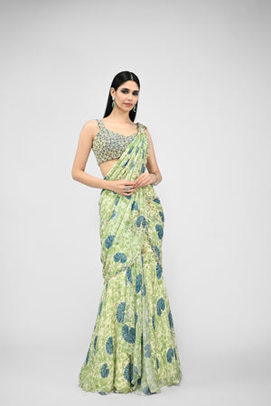 HIGHLIGHTED PRE STICHED PEACOCK SAREE PAIRED WITH BEAD BLOUSE - Custom image