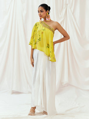 Bright Yellow Printed Embroidered Drape Skirt Set with Top & Bustier - XL image