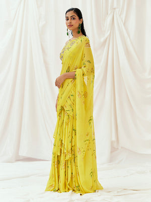 Bright Yellow Printed Embroidered Drape Saree Set image 2