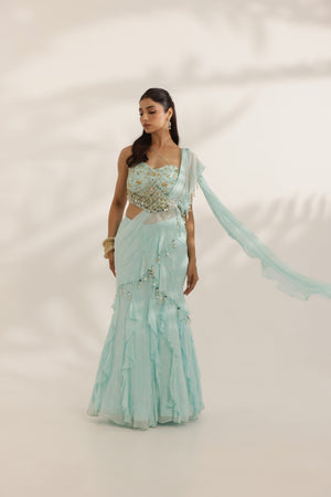 Sky Blue Ruffled Lehenga With Attached Pallu image 3
