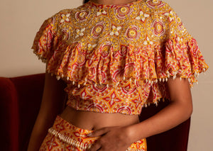 Yellow Printed Sharara Set With Cape image 4