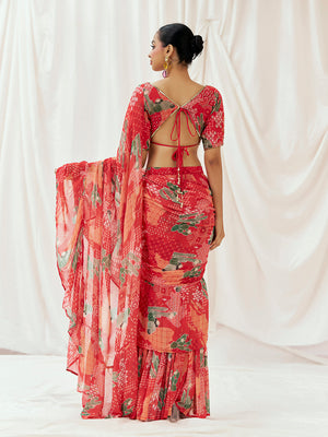 Red Printed Embroidered Drape Saree Set image 3