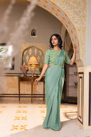 Sage Green Pre-Draped Georgette Saree image 6