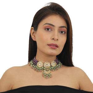 Purple Moti Line Choker Necklace Set image 3