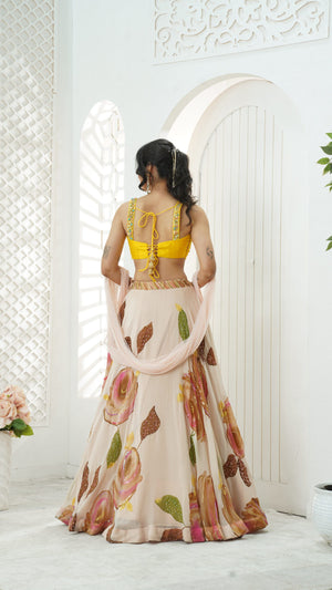 Baby Pink hand painted lehenga and embroidered Yellow blouse set image 3