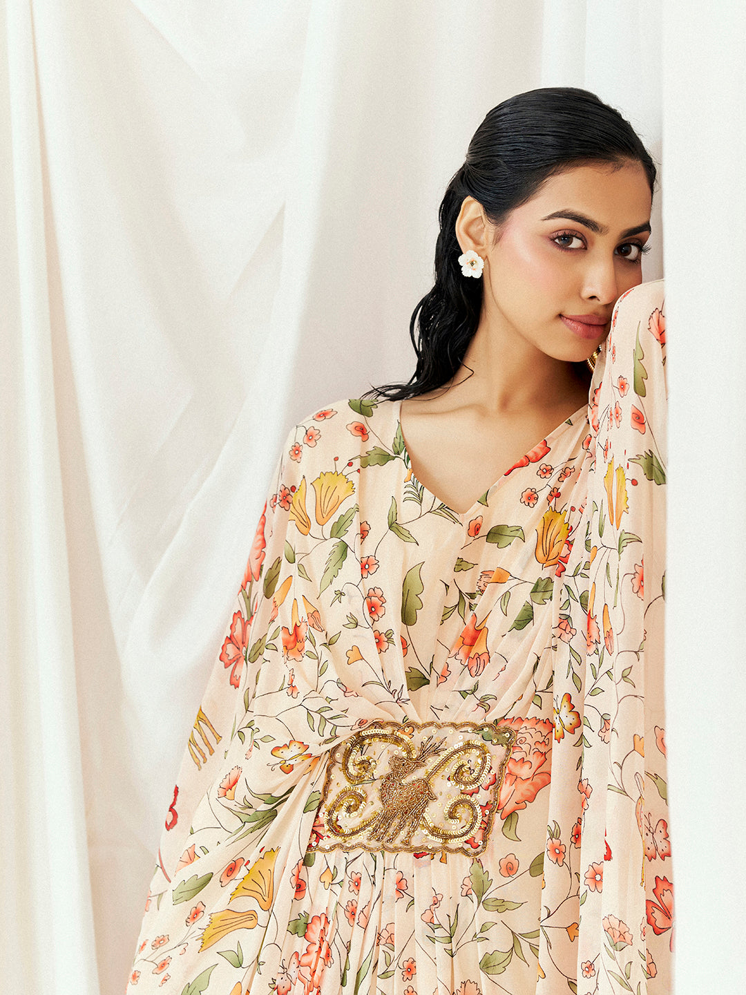 Floral White Printed Embroidered Kaftan image 1