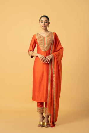 Orange Chanderi Silk 3 Quarter Sleeve Kurta image 4