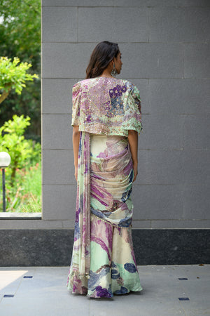 Eden Highlighted Saree Paidawn with Embroidered Blouse With Cape Jacket image 2