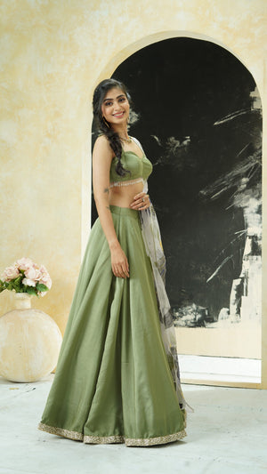 Sage Green lehenga set with hand painted dupatta image 3
