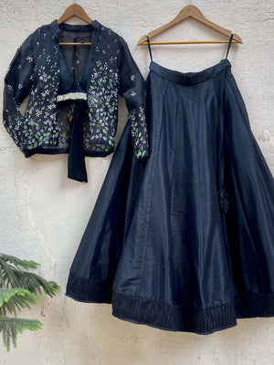Black Raw Silk Lehenga Set with Handprinted Jacket - M image