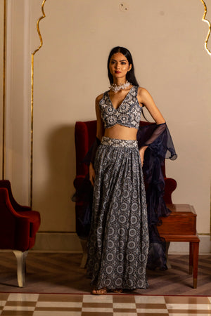 Blue Printed Skirt and Blouse Set (Copy) image 0