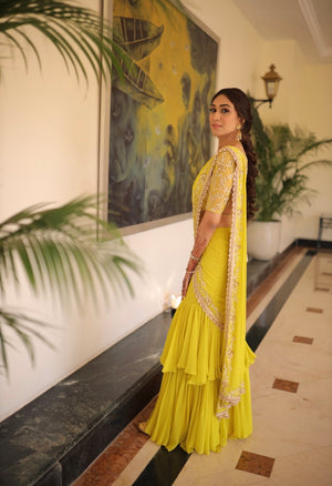 Mustard Ruffled Embroidered Pre-stitched Saree image 5