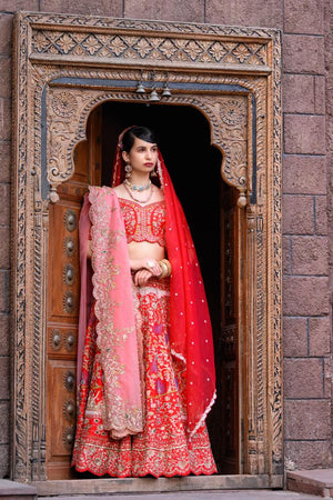 Red Bridal Boat Embroidered Lehenga Set image 2