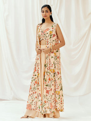 Floral White Printed Long Jacket Sharara Set with Bustier image 4