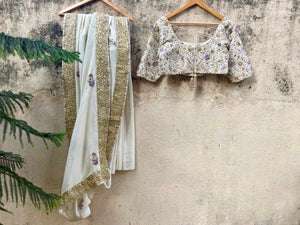 Ivory and Lavender Embroidered Saree image 3