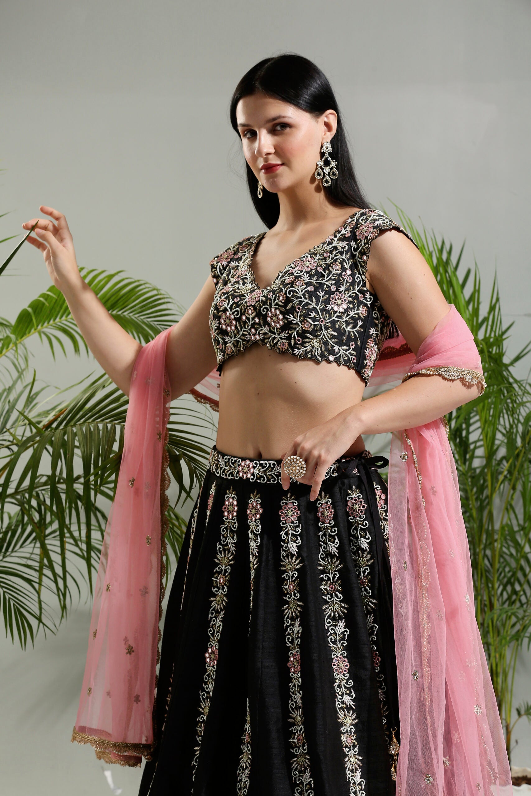 Black and Pink Thread and Mirror Hand Embroidered Lehenga Set image 1