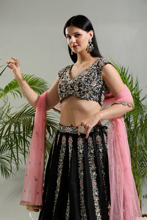 Black and Pink Thread and Mirror Hand Embroidered Lehenga Set image 1