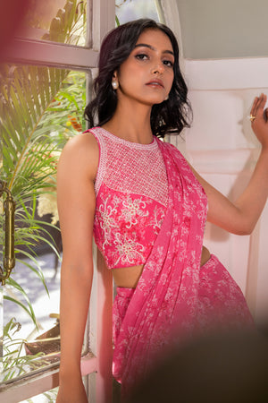 Powder Pink Pre-Drape Georgette Saree image 6