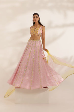 Pastel Pink and Yellow Mirror Work lehenga image 3