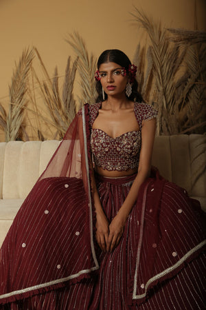 Burgundy Hand Embroidered Lehenga Set image 2