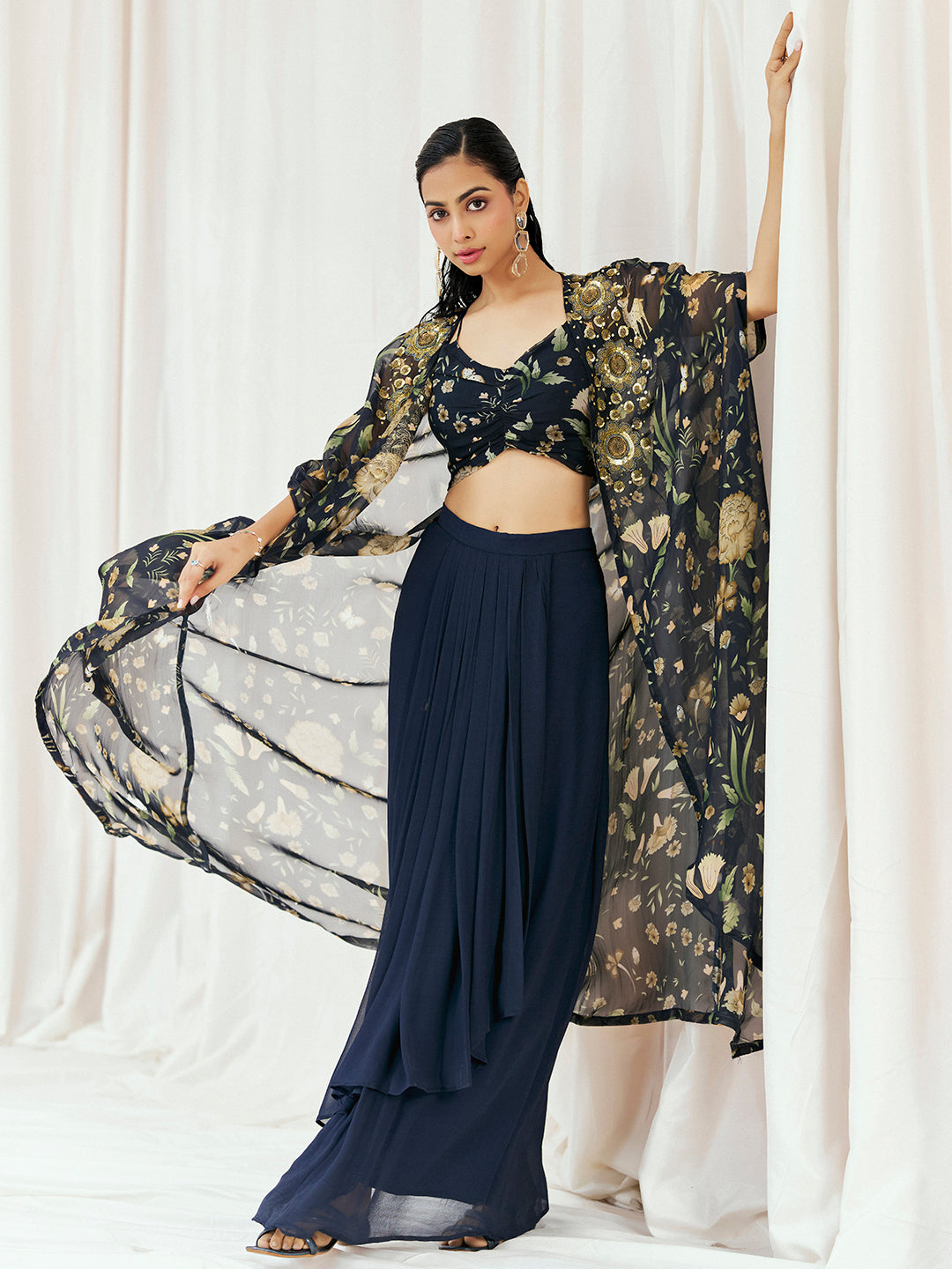 Navy Blue Printed Embroidered Drape Skirt Set with Cape image 1