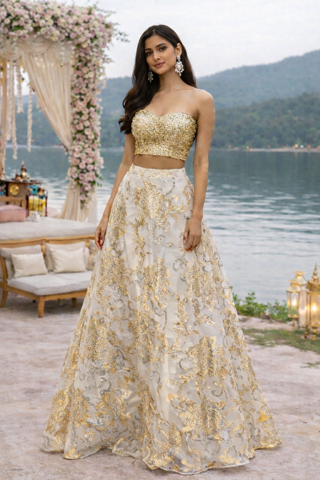 Strapless Gold Sequins Blouse with an Ivory Organza Skirt image 1