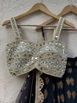 Black Ruffle Lehenga Set with Mirror Bustier image 2