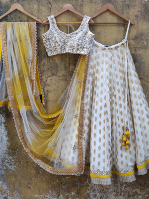 Ivory Butti Georgette Lehenga Set with Yellow Shaded Dupatta - S image