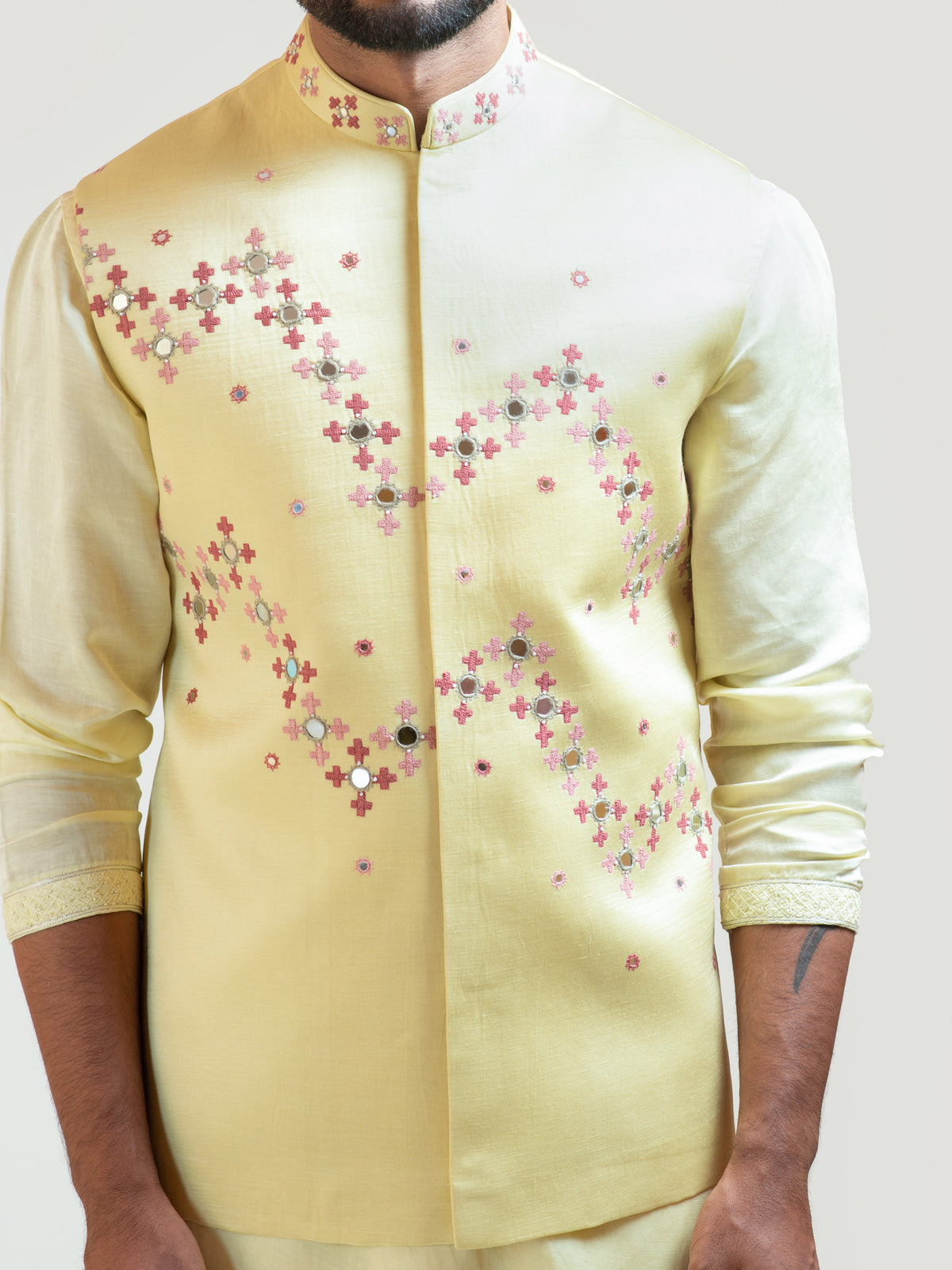 Yellow Gujarati Work Nehru Jacket image 1
