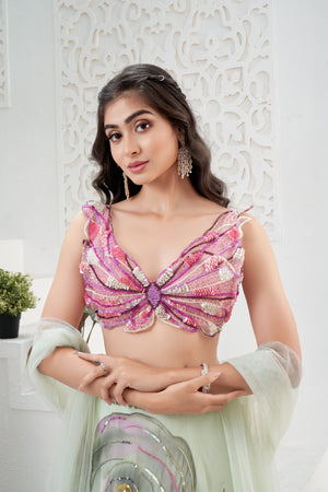 Mint Green hand painted lehenga and Butterfly blouse set image 5