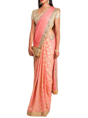 Blush Pink Half and Half Saree with Mirror Work Blouse image 1