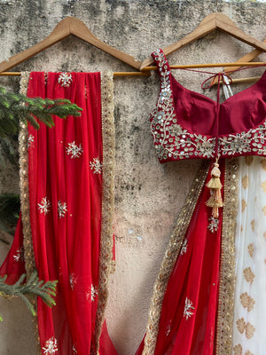 Ivory and Red Ruffle Lehenga Set image 1