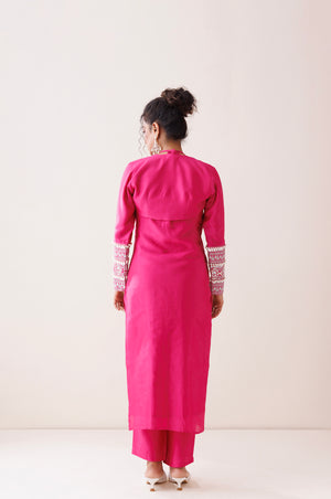 Hot Pink Chanderi Halter Neck Kurta Set image 5