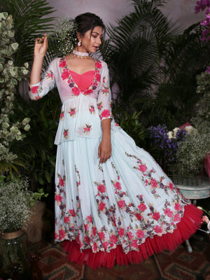 Pink Blouse with Powder Blue Lehenga image 1