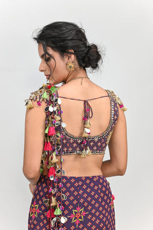 Plum Pre Stitched Tassel Saree Paired with Badla Highlighted Blouse image 4