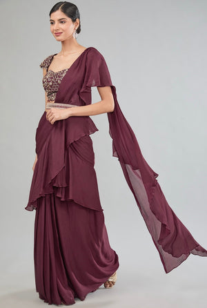 Wine Pre-Drape Saree - M image