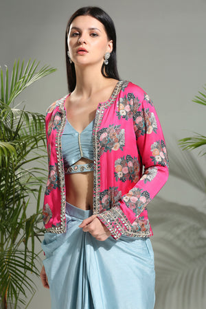 Grey Top and Skirt Set With Fuchsia Jacket image 1