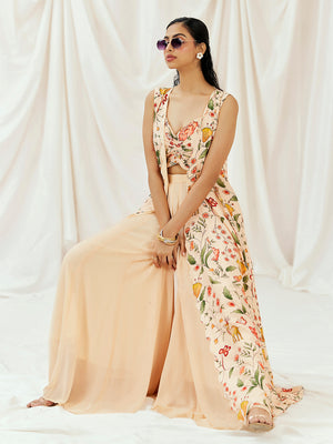 Floral White Printed Long Jacket Sharara Set with Bustier image 3