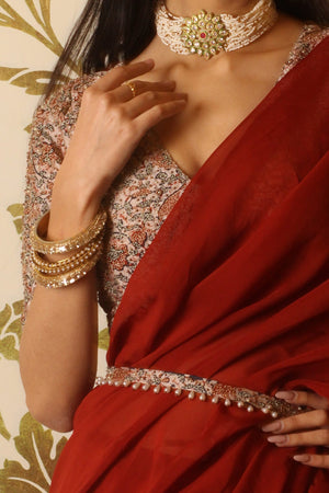 Rustic Red Organza Ruffle Saree Set image 4