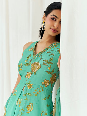 Turquoise Blue Printed Embroidered Sharara Suit Set image 7