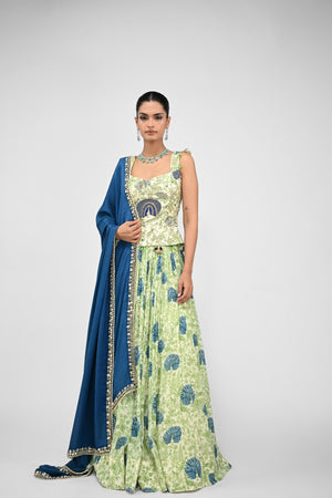 Peacock Highlighted Lehenga Paired with Highlighted Peacock Corset and Embroidered Dupatta image 3