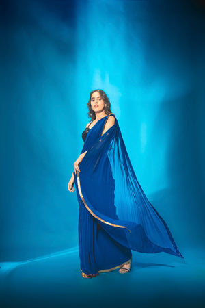 Blue Pre Stitched Saree With Black Sequin Blouse image 5