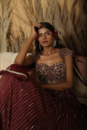 Burgundy Hand Embroidered Lehenga Set image 3