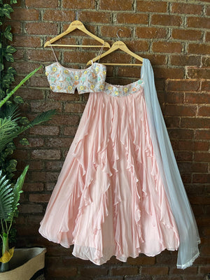 Powder Pink And Grey Ruffle Lehenga Set - S image