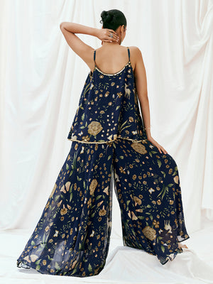 Navy Blue Printed Embroidered Peplum Sharara Set image 5