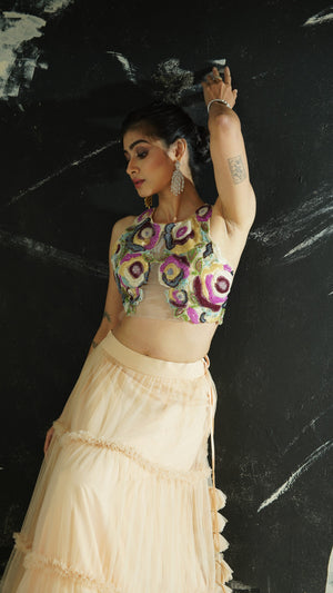 Multi-hued embroidered blouse and tier skirt set image 2