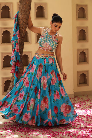 Floral Print Box Pleat Lehenga - L image